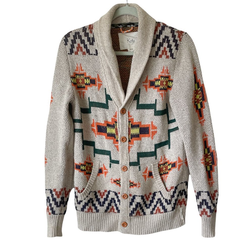 KOTO Cardigan Aztec Chucky Sweater Size XS Grandpa Shawl Collar